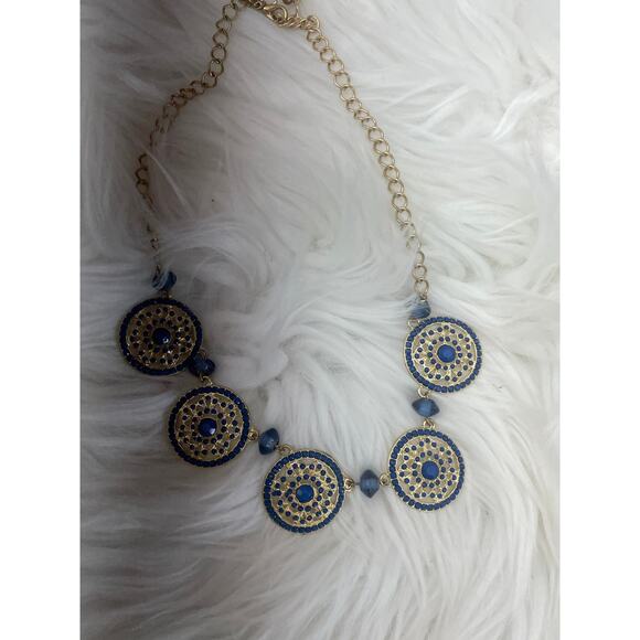 Women's Necklace Earring Set Gold Blue Stone Statement Beautiful - Picture 7 of 8